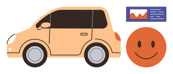 Naklejka premium Small compact car next to dashboard with data graph and happy face circle. Ideal for automotive, transport, fuel efficiency, satisfaction, eco-friendly, innovation, progress themes. Simple flat