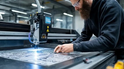 Skilled technician operating laserguided cutting machine ensuring precision and accuracy for intricate design projects in a modern workshop setting.