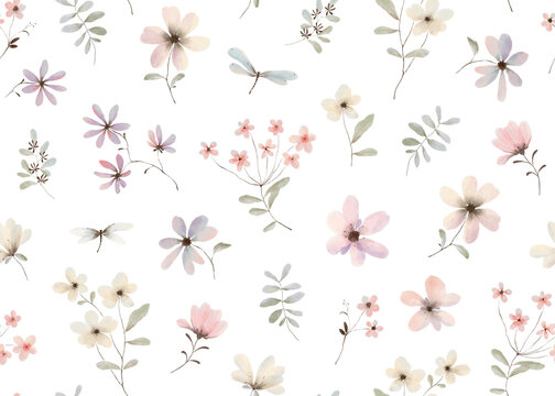 Seamless watercolor pattern with abstract wildflowers and flying dragonflies. Simple delicate pattern for textile, wallpapers or background. Hand drawn whimsy design elements.