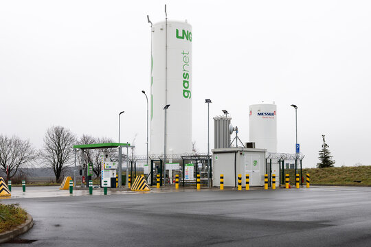 ZDIBSKO, CZECH REPUBLIC - 14. December 2025: GasNet LNG filling station exterior. Refueling of liquefied natural gas for vehicles. Energy infrastructure of fossil fuels in Europe.