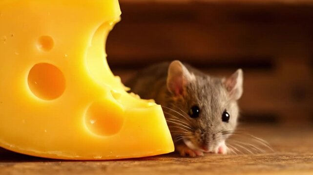 Cute gray mouse peeking out from behind a chunk of yellow Swiss cheese