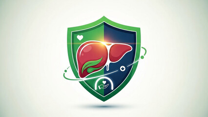 Shield symbol protecting a stylized liver shape, prevention and protection theme.