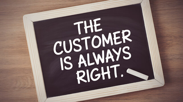 The Customer Is Always Right famous business proverb written on a chalkboard with piece of chalk on wooden background.