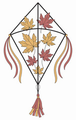 Stylized kite illustration, ranked as fall seasonal decoration with leaves and tassels, perfect for autumn holiday cards, seasonal branding, and festive design projects.
