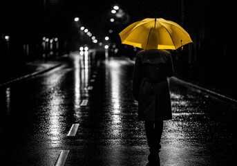 Lonely person with bright yellow umbrella walking on wet city street at night in rain - with copy space