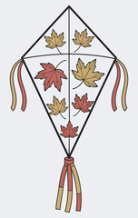 Stylized kite ranked as autumn decoration illustration, adorned with seasonal leaves and tassels, suitable for fall holiday designs, seasonal crafts, and festive graphics.