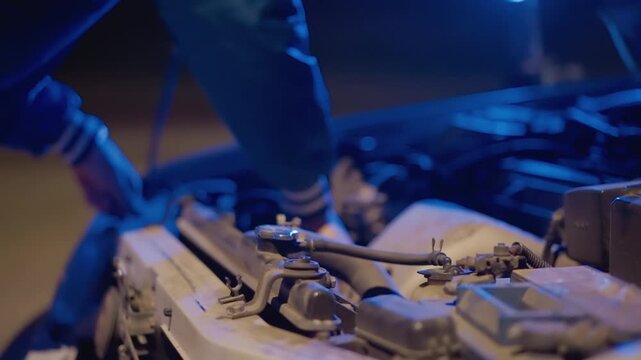 night roadside engine check under hood driver hands probe battery terminals blue cinematic light empty street bokeh tense atmosphere closeup of cables and coolant reservoir quick troubleshooting