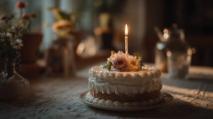 A beautifully decorated birthday cake with white frosting and a single lit candle sits on a table, creating a warm and festive atmosphere for a special celebration.