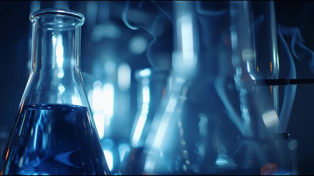 Serial Batch of Laboratory Glass Beakers Filled with Blue Liquid in a