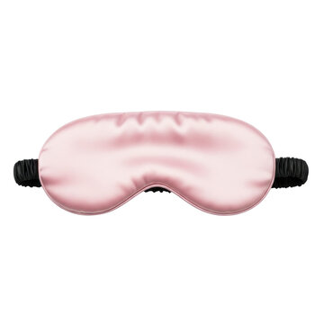 a luxurious soft pink charmeuse satin sleeping mask with a black elastic strap, isolated on a pure white background with a subtle soft shadow, suggesting self-care and peaceful rest concept