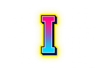 Retro Letter I with Neon Glow. 80s Style on White. letter with vibrant pink-blue gradient and yellow glow Isolated	