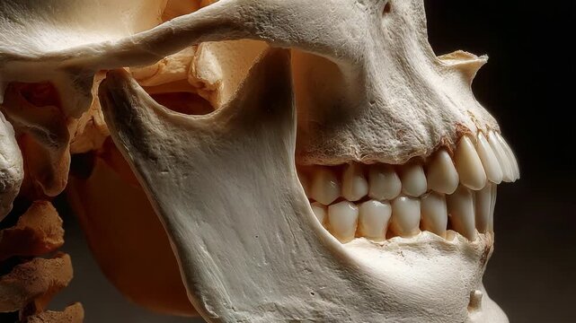Exploring the Intricacies of Human Anatomy: A Close-Up View of a Realistic Human Skull and Jaw Structure, Highlighting the Detailed Features of Teeth and Mandible