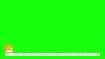 News ticker with fictional news channel logo, 4K loopable, ProRes 422 green background for chroma key, simplicity and minimalism design, neutral and fictional headlines for ticker display