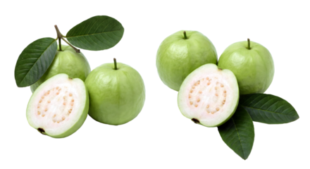 Fresh green guava fruits with leaves and sliced guava on a transparent background