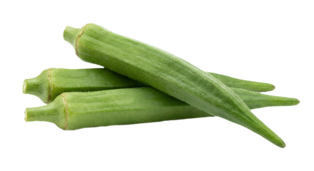 Three green okra pods stacked on transparent background healthy vegetables food