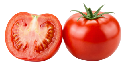 Red tomato half and whole vegetable isolated on transparent grid background for food design