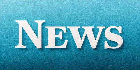 News word on textured blue background representing breaking information, daily updates, and media headlines