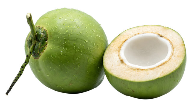 Whole green coconut and half coconut with white flesh on transparent background