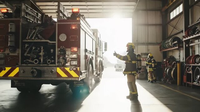 Rear view of a fire truck exiting or parked inside a station bay