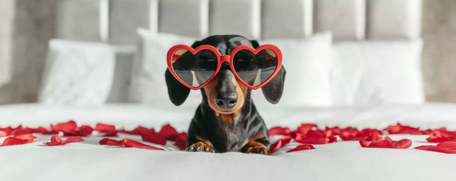 Dachshund dog wearing red heart glasses, lying in rose petals on white bed, symbolizing love and romance