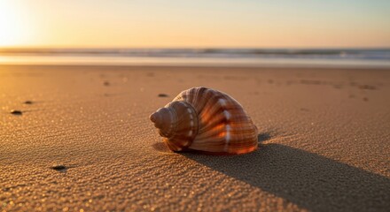 Seashell rests on a sandy beach during a vibrant sunset at the coast