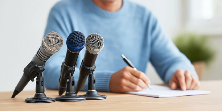 Journalists capturing key information at a press conference, microphones ready for a media interview or live report
