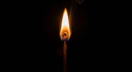 A single matchstick burns brightly in the darkness, illuminating the flame