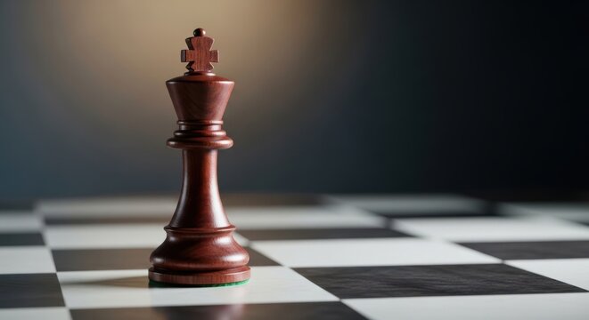 Closeup of a single chess king piece on a checkered board surface