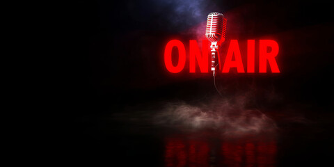 Vintage broadcast microphone standing in smoke with glowing red ON AIR message, symbolizing live radio and podcasting