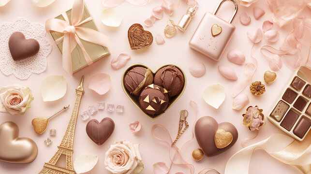 チョコ、花、アクセサリーが散りばめられている
