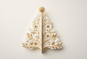 3d beige paper cut christmas tree with golden decorations on light background