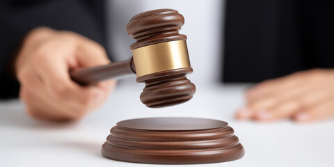 Judge's hand holding gavel, hitting sound block, representing justice, law, and legal decision