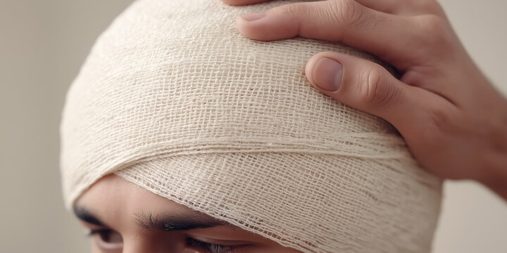 Medical professional bandaging patient head, providing first aid treatment for injury, healthcare and recovery concept - Powered by Adobe