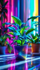Peace Lilies in Pots Bathed in Neon Light with Vibrant Colors and Reflections