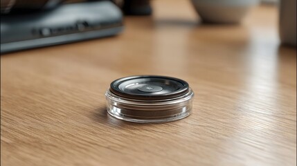 A miniature audio speaker driver is enclosed in a transparent protective case and placed on a wooden table