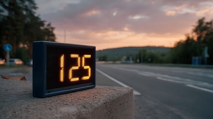 A digital speed indicator displaying the number 125 on a concrete base by a road during twilight