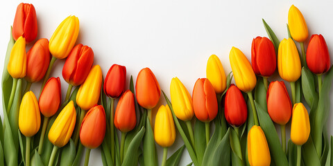 Colorful tulips forming a festive floral frame, celebrating spring and Easter with a bright backdrop for messages