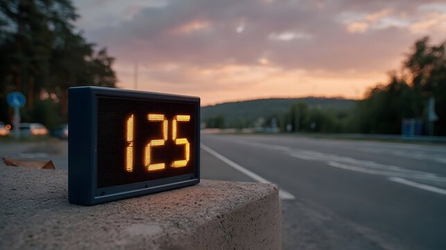 A digital speed indicator displaying the number 125 on a concrete base by a road during twilight - Powered by Adobe
