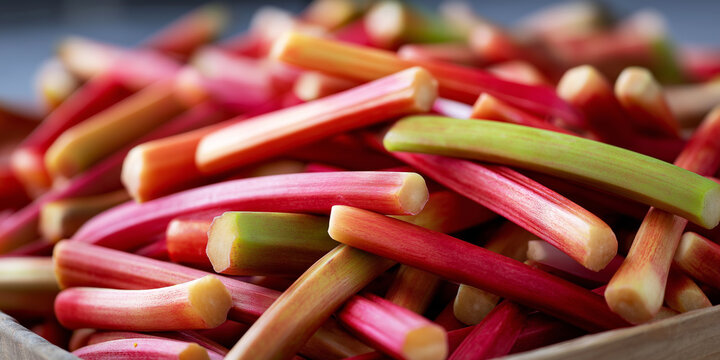 Fresh harvested rhubarb stalks displaying vibrant red and green colors, healthy spring ingredient for culinary creations