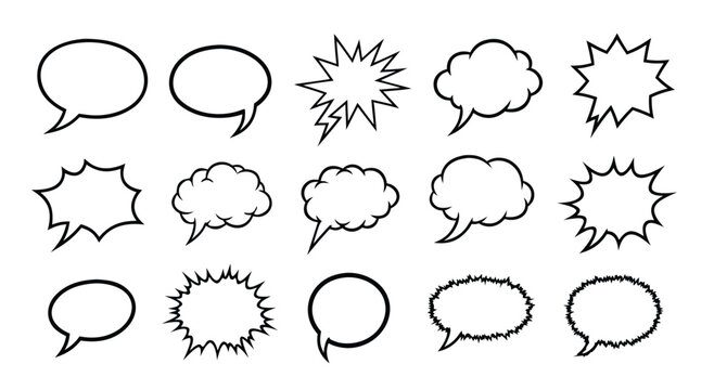 Comic book speech bubbles and thought clouds in black outline