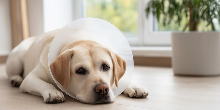 Labrador dog wearing Elizabethan collar, or pet cone, lying on floor, recovering from surgery or injury
