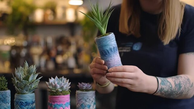 Medium shot of hands carefully assembling upcycled materials into stylish decor items showcasing innovative sustainable preservation practices