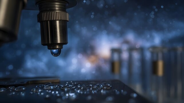 Microscopic explo n a water droplet on a with a starry background and lab equipment