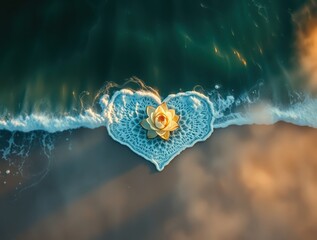 Lotus flower on a sandy beach with waves crashing against the shore at sunset