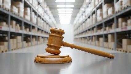 A wooden judge's gavel resting on a table in a large, bright warehouse with rows of shelves filled with cardboard boxes.