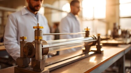 Scientists in lab coats work with advanced scientific equipment in a bright sunlit laboratory