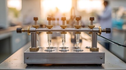 A scientific apparatus with multiple glass tubes and valves is set up in a brightly lit laboratory