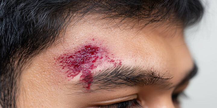 Man suffering painful forehead injury, a fresh bloody wound with damaged skin and visible blood