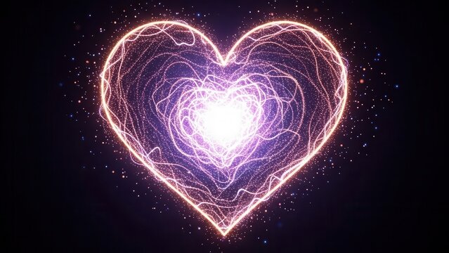 Energetic heart shape composed of glowing neon lines pulsates with vibrant purple and pink light.