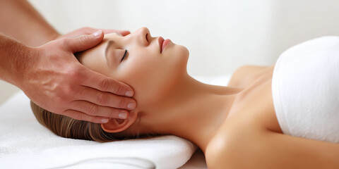 Fototapeta premium Young woman enjoying a relaxing head and neck massage, receiving spa treatment for stress relief and wellness